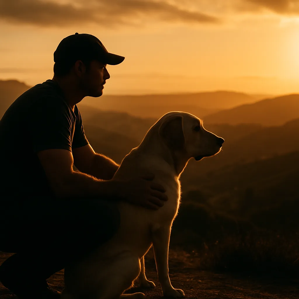 Trainer and calm dog looking out from a scenic Orange County overlook at golden hour
