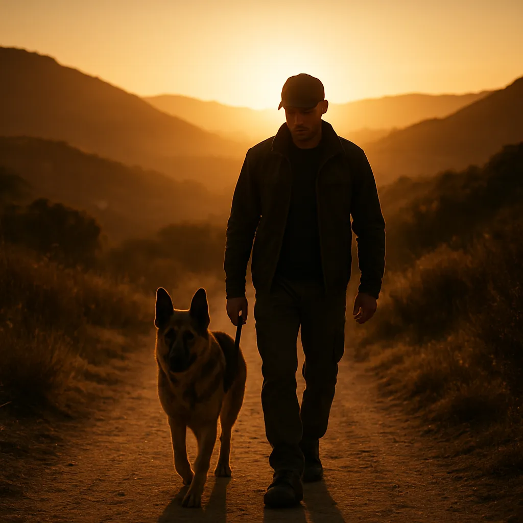 Trainer walking a focused German Shepherd on a trail at golden hour in Orange County