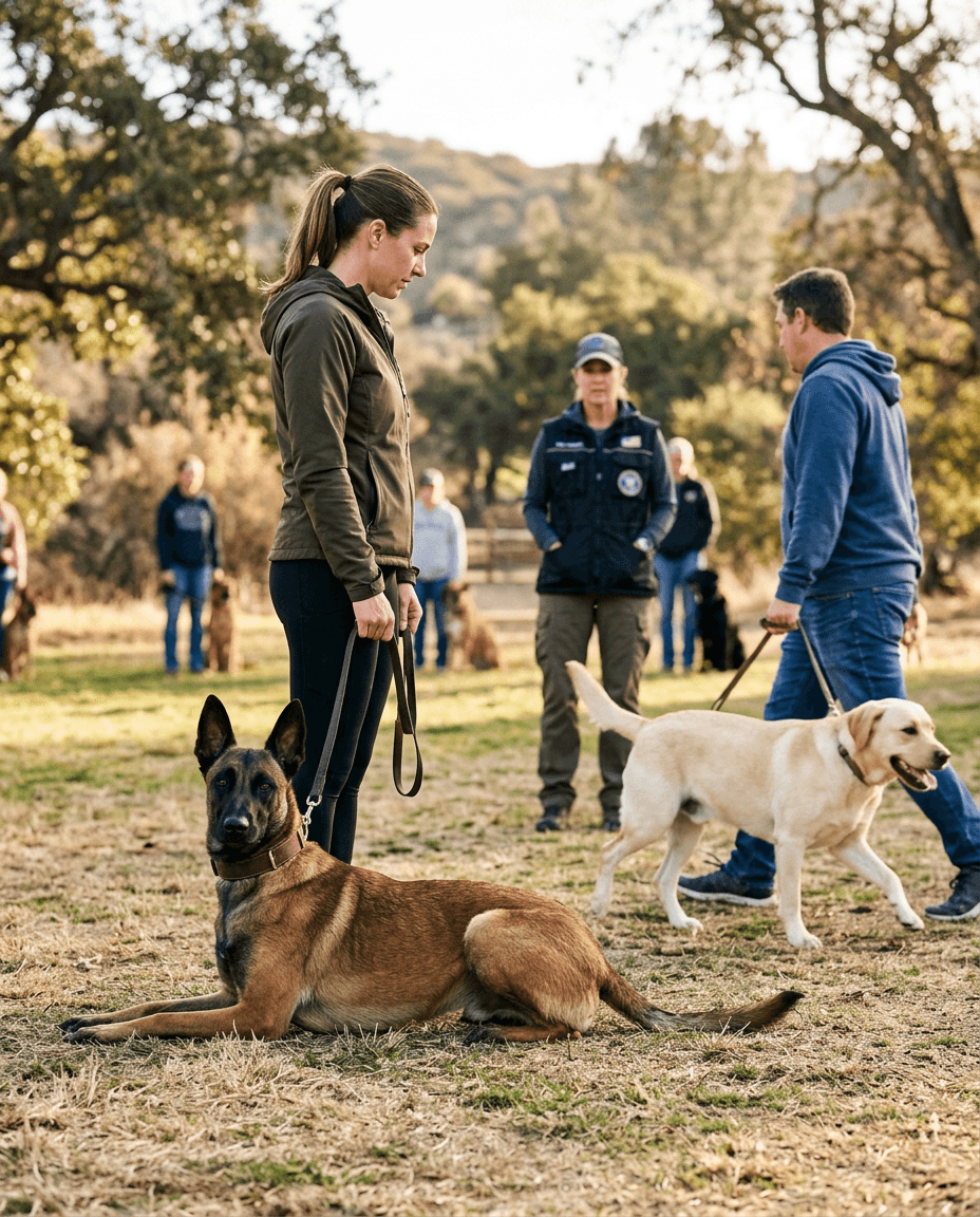 An adult dog holding a calm down-stay while another dog walks past during an adult group class