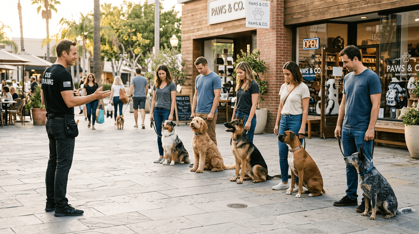 A KYNOS trainer coaching a line of owners with their dogs sitting calmly on leash outside a pet store