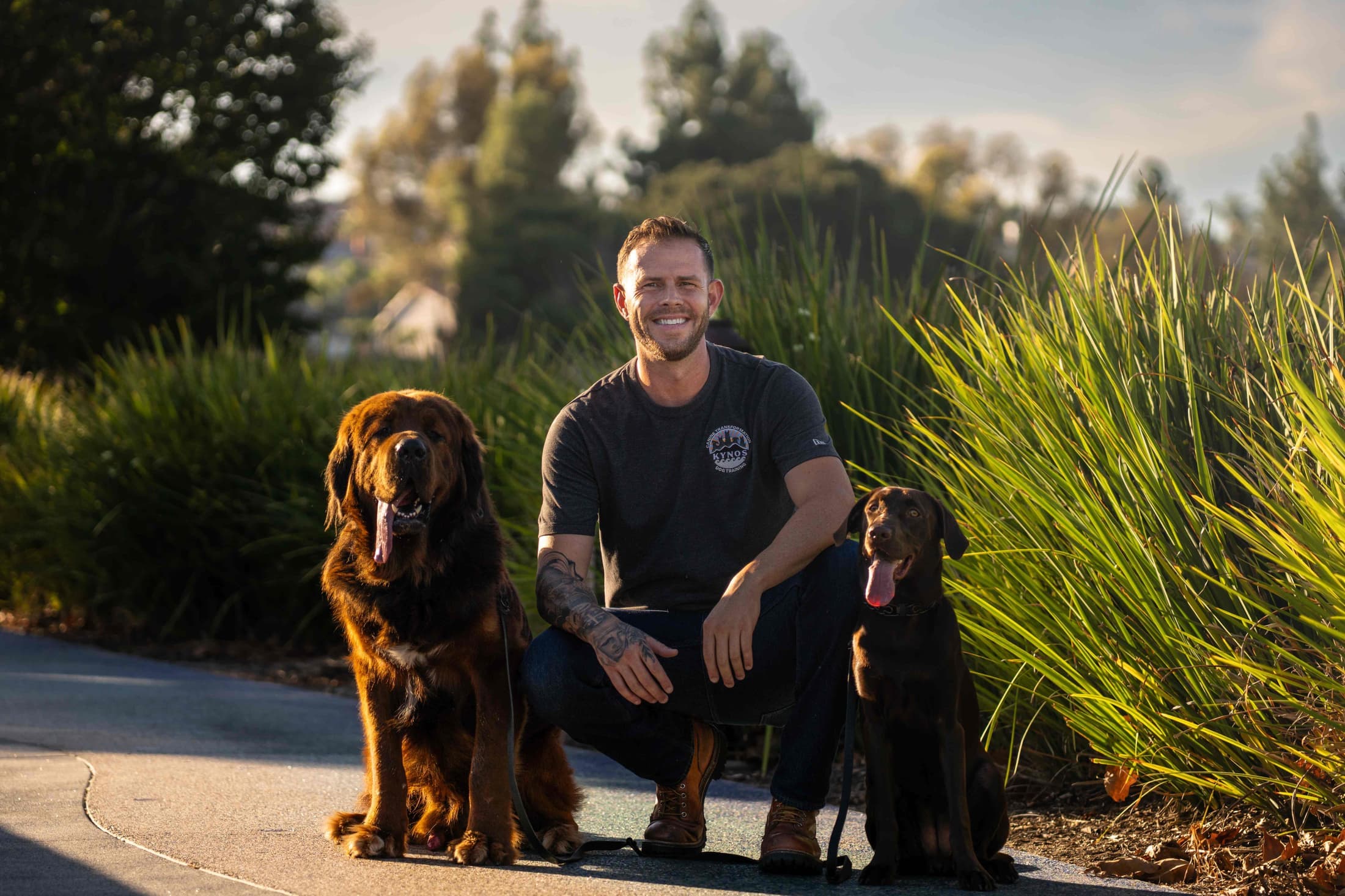 Jake, the Kynos trainer, with two dogs in a real-world outdoor environment
