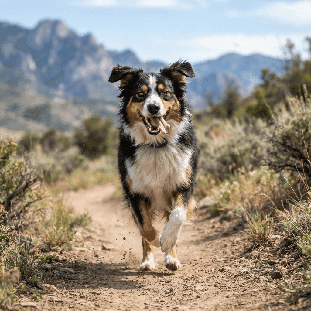 A happy dog running along a trail