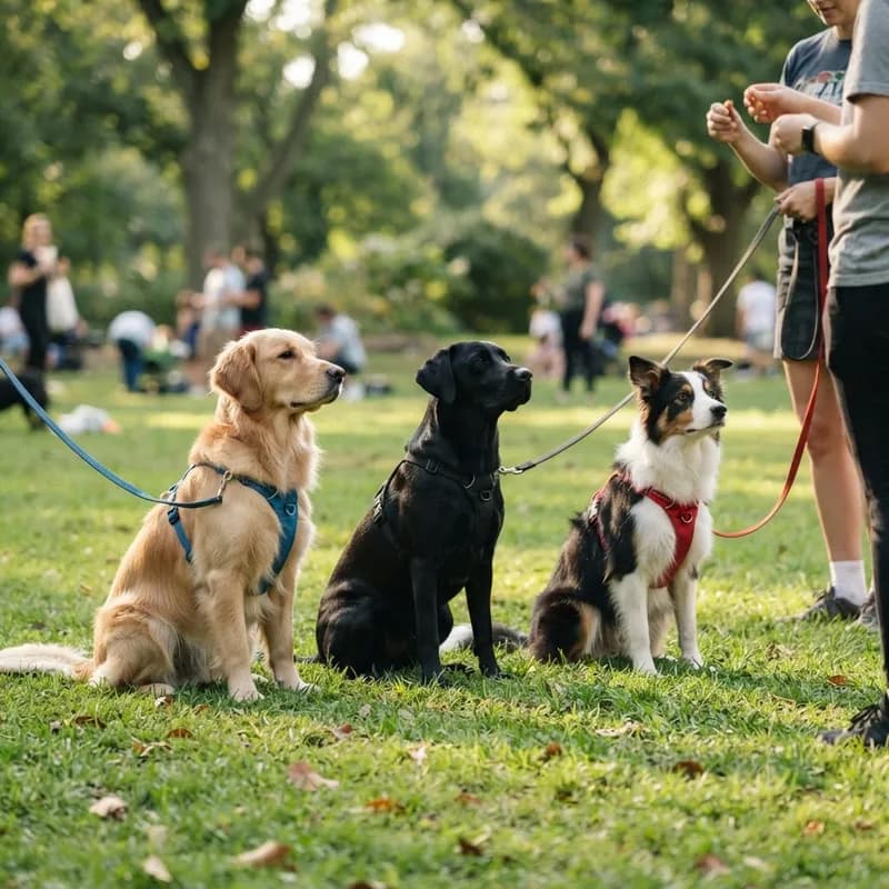 A group of dogs sitting attentively together during an outdoor class