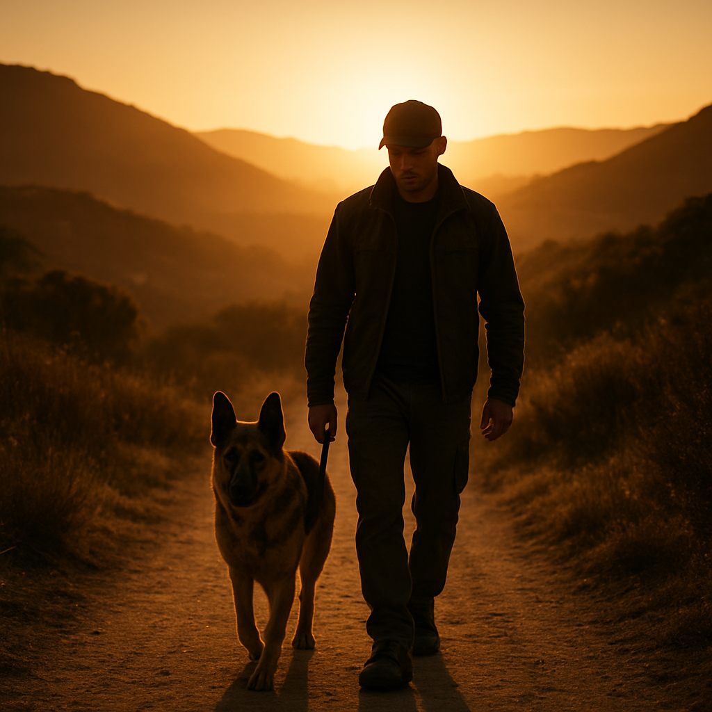 Trainer walking a focused German Shepherd on a trail at golden hour in Orange County